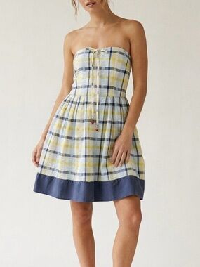 Vintage Y2K Juicy Couture Seersucker Madras Plaid Strapless Mini Dress Sz Small